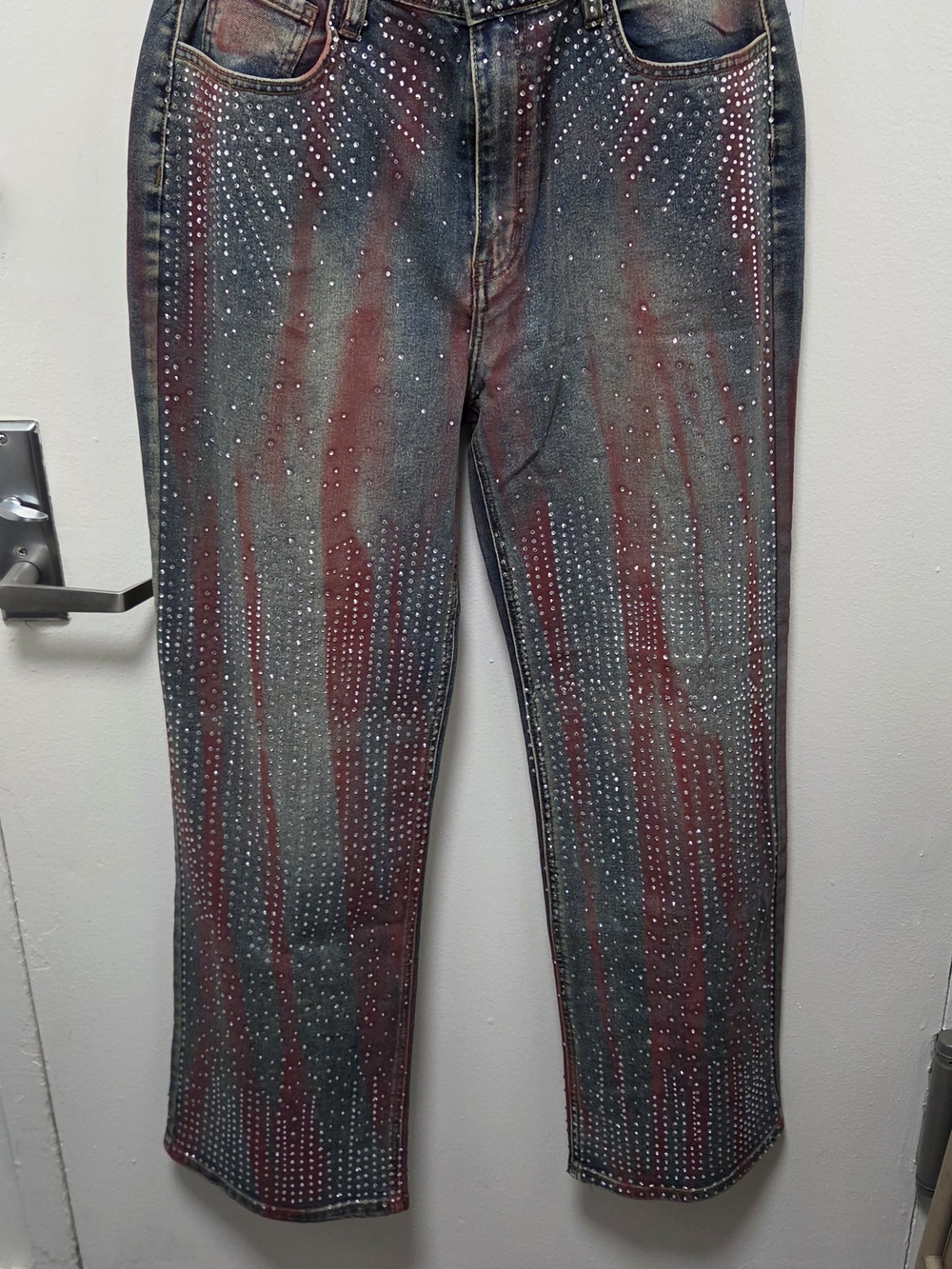 Fashion Nova Red-Striped Studded Straight Leg Jeans.